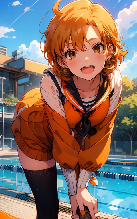 (sweat)、(vapor)､(( brown loafers))、((Black thigh-high socks))、((Absolute territory)),(( orange sailor suit ))、 flat lighting、Elevation、Best Quality、 very detailed,  detailed background ,  1 girl、Alone、Big Breasts、 smiles lightly,  is embarrassing, ((Outdoor pool side)),  perfect anatomical,bright orange shiny hair,Ahoge,
