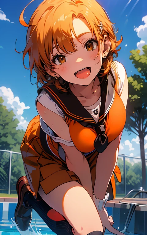 (sweat)、(vapor)､(( brown loafers))、((Black thigh-high socks))、((Absolute territory)),(( orange sailor suit ))、 flat lighting、Elevation、Best Quality、 very detailed,  detailed background ,  1 girl、Alone、Big Breasts、 smiles lightly,  is embarrassing, ((Outdoor pool side)),  perfect anatomical,bright orange shiny hair,Ahoge,
