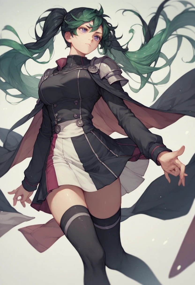 lenalee lee, long hair, green hair, black hair, twintails, purple eyes, large breasts, shoulder armor, black jacket, long sleeves, multicolored skirt, black skirt, black thighhighs, zettai ryouiki, shiny clothes 