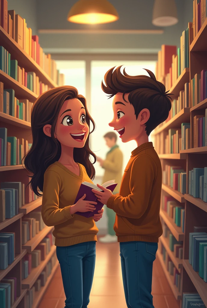 Create a boy and girl looking at eachother with smile. Seating in college library. Girl wears purple tshirt. Boy wears white tshirt. Create realistic surrounding.