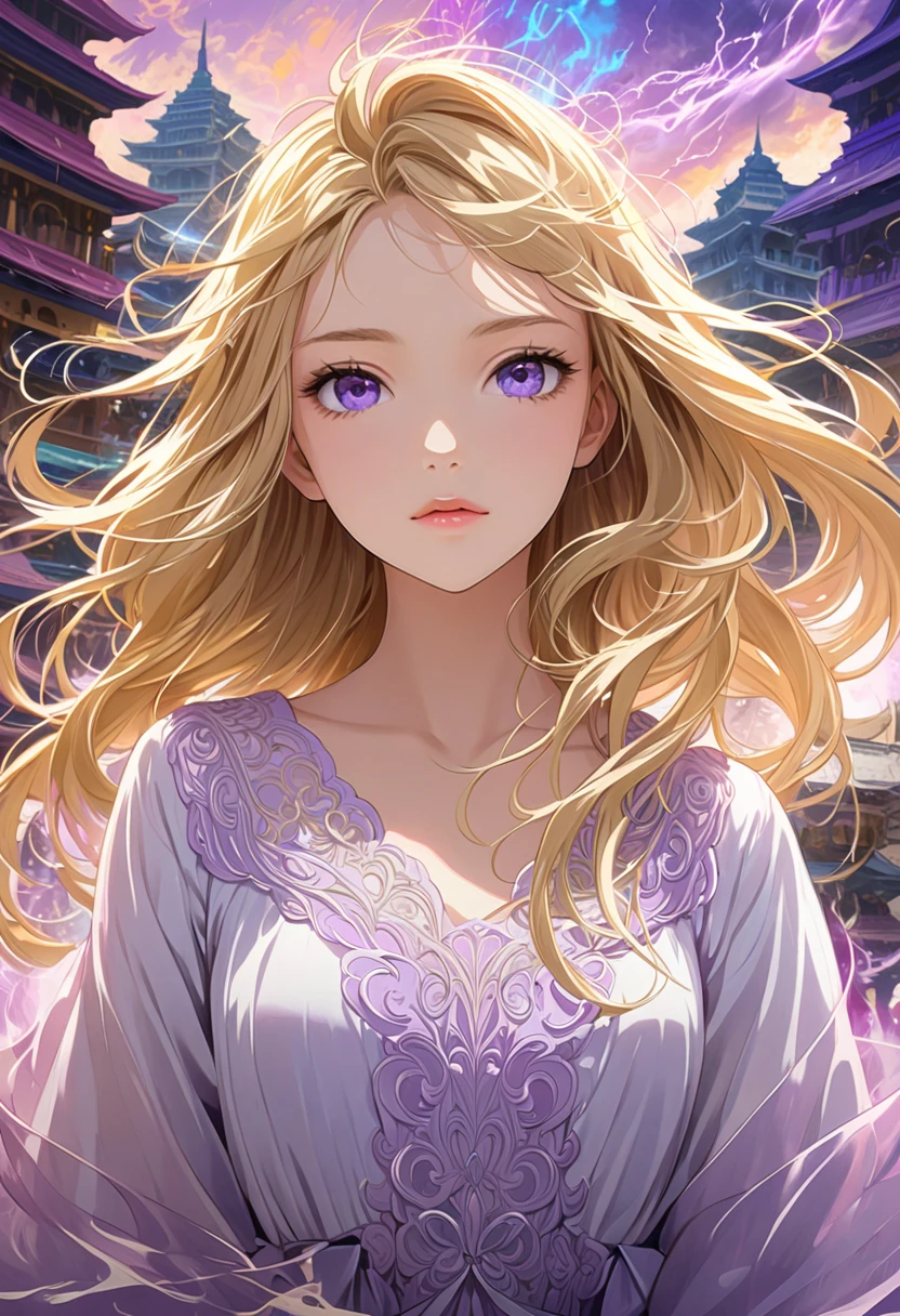 8k resolution, masterpiece, Romanticism painting,  beautiful girls: 18 years old, messy hair , blonde,  Delicate depiction of hair, Delicate expression, 美しい perfect face,  perfect face, Mid-chest, Add light purple and purple,  intricate details, Big temple,  colorful background, aura,  Strong winds, thunder,  Alexandria, Detailed illustration art anime style , automatic, 