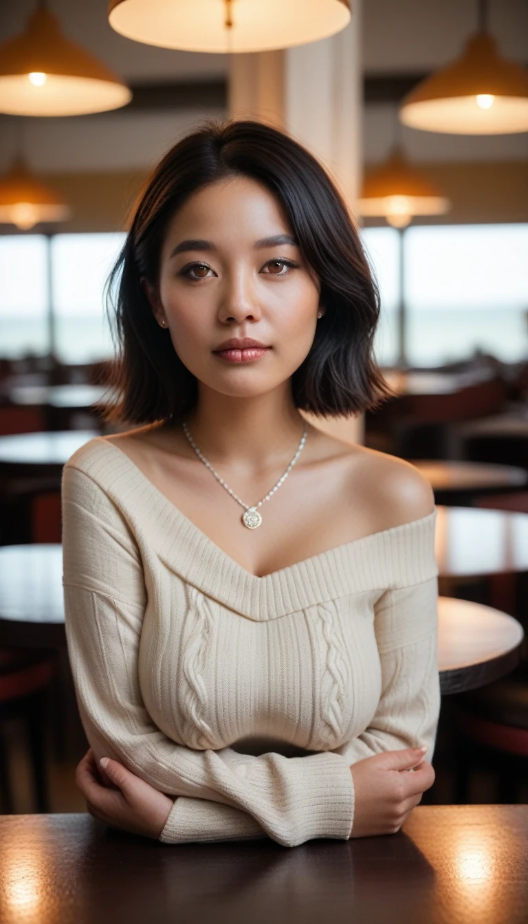 Realistic, fotorRealistic, 8k,   Raw photos from the last century , Best Quality,  masterpiece . Super detailed,    Kodak Vision color style   ,   Soft bokeh and sharp focus  .   18 years old brunette young asian woman, (Dark Skin), (    with short black hair  :1.5), ( hazel eyes:1.2) Sitting in a restaurant, Alone, ( Big Breasts:1.2),    stares at viewers  ,  bare shoulder ,    jewelry,   necklace  ,  bare shoulder ,   beige sweater   , Realistic,   sexy, Front of face , (  Complexion style max  :1.2)