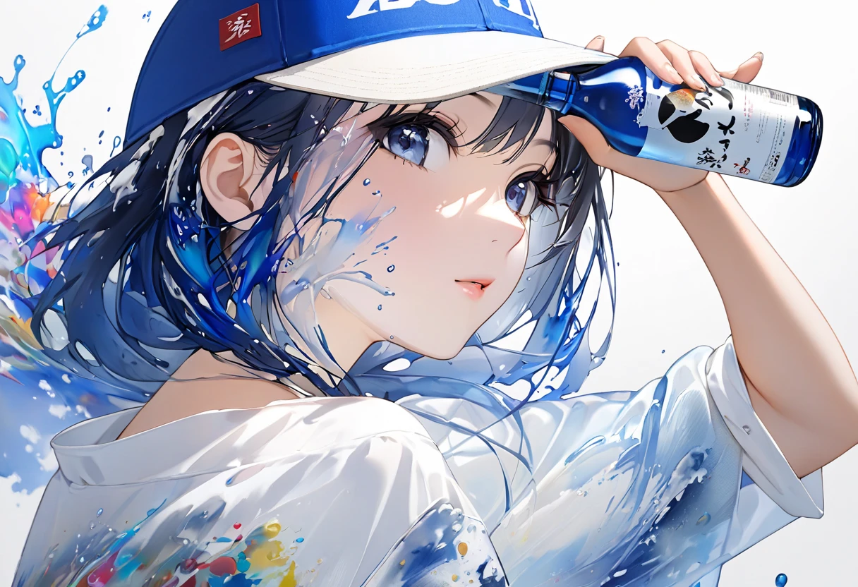 Oriental beautiful girl，sideways，Looking over the shoulder，White transparent real-life painting，Colorful water splash rendering，Facial texture is clear，Dark blue baseball cap worn backwards，loose white shirt，Blue distressed denim shorts，sunglasses，White sand background，messy strokes，holding a bottle of 720ml japanese sake in hand