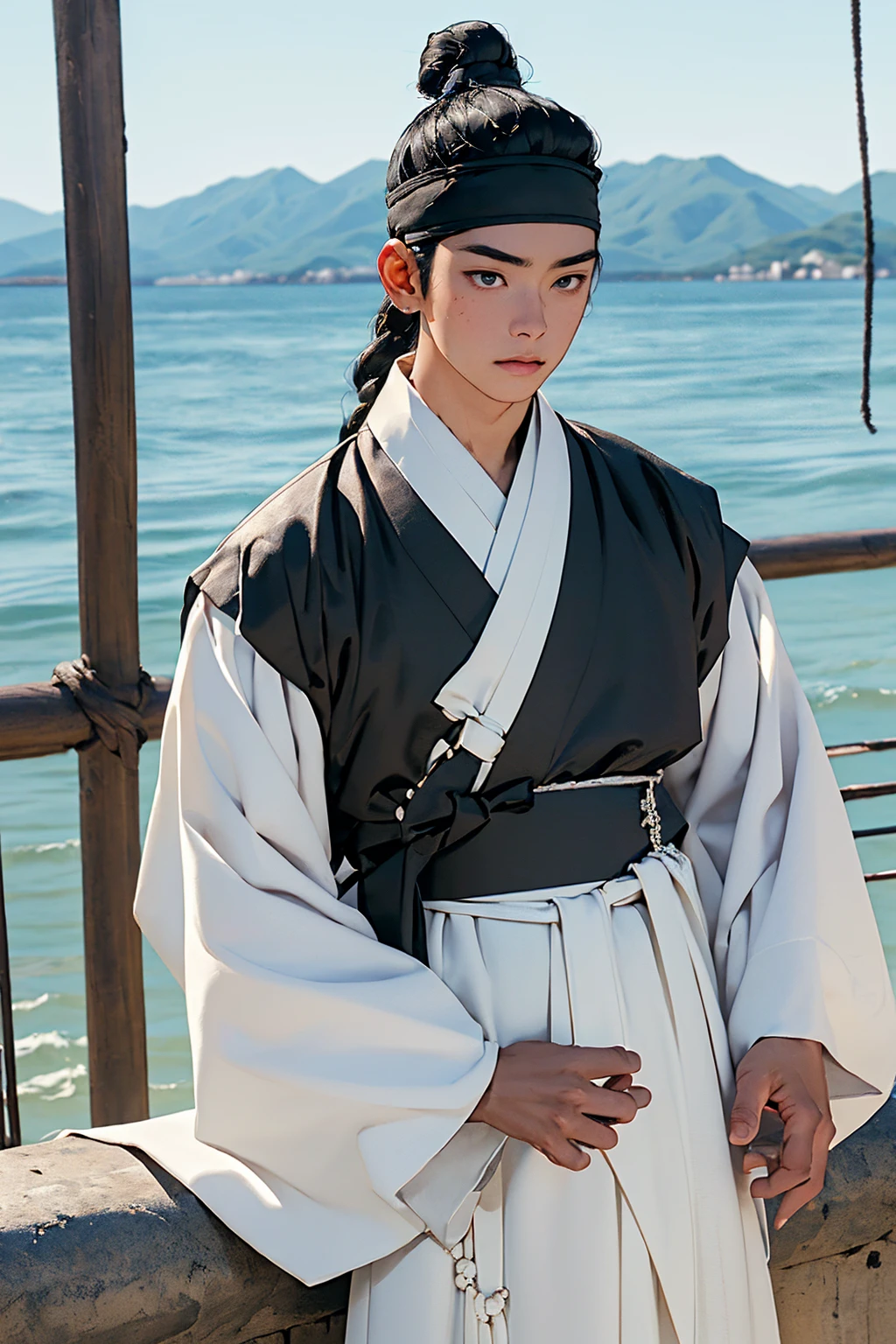 (absurdres, highres, masterpiece, best quality, ultra-realistic,ultra-detailed,(beautiful detailed face and eyes and hair:1.1),handsome,asian man,muscular,black hair,black eyes,datailed face,topknot,see-through headband,white hanbok,little sad,upper body, day of sea