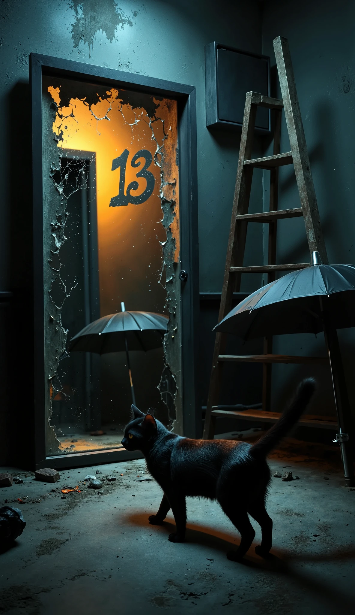 Create a realistic, atmospheric scene that visually captures symbols of superstitions associated with bad luck, arranged thoughtfully in a single frame. In the foreground, place a large broken mirror with sharp, fragmented edges, reflecting a dimly lit room to evoke ancient beliefs about the soul’s connection to reflections. Beside it, a tall ladder leans against a wall, forming a clear triangular shape with a well-defined, open path directly beneath, symbolizing the misfortune associated with walking under ladders. Nearby, an open umbrella positioned indoors casts soft, intricate shadows, representing the superstition around divine protection. In the background, the number 13 should be prominently visible on an old door or worn plaque, glowing subtly with an eerie, unnatural light to heighten its ominous effect. Finally, include a sleek black cat, poised mid-step as though it’s crossing the viewer’s path, with glossy fur and piercing eyes, creating a sense of mystery. Use moody, cinematic lighting and a palette of dark, atmospheric colors with gentle contrasts and soft shadows, evoking a quiet yet powerful feeling of foreboding and superstition.