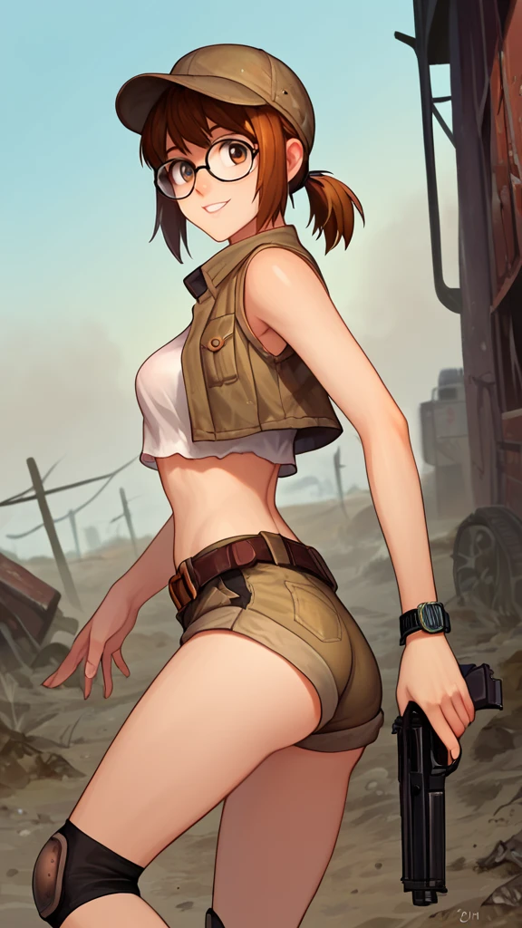 score_9, score_8_up, score_7_up, source_anime, fiogermi,1girl,fio germi, brown hair, glasses, medium hair, ponytail, brown eyes, crop top, hat, jacket, knee pads, shorts, sleeveless, navel, belt, outdoors, wasteland, gun, weapon, holding gun, smile,ass,looking at viewer, cowboy shot,dynamic pose, dutch angle, solo,behind view Wristwatch Gold or pink 