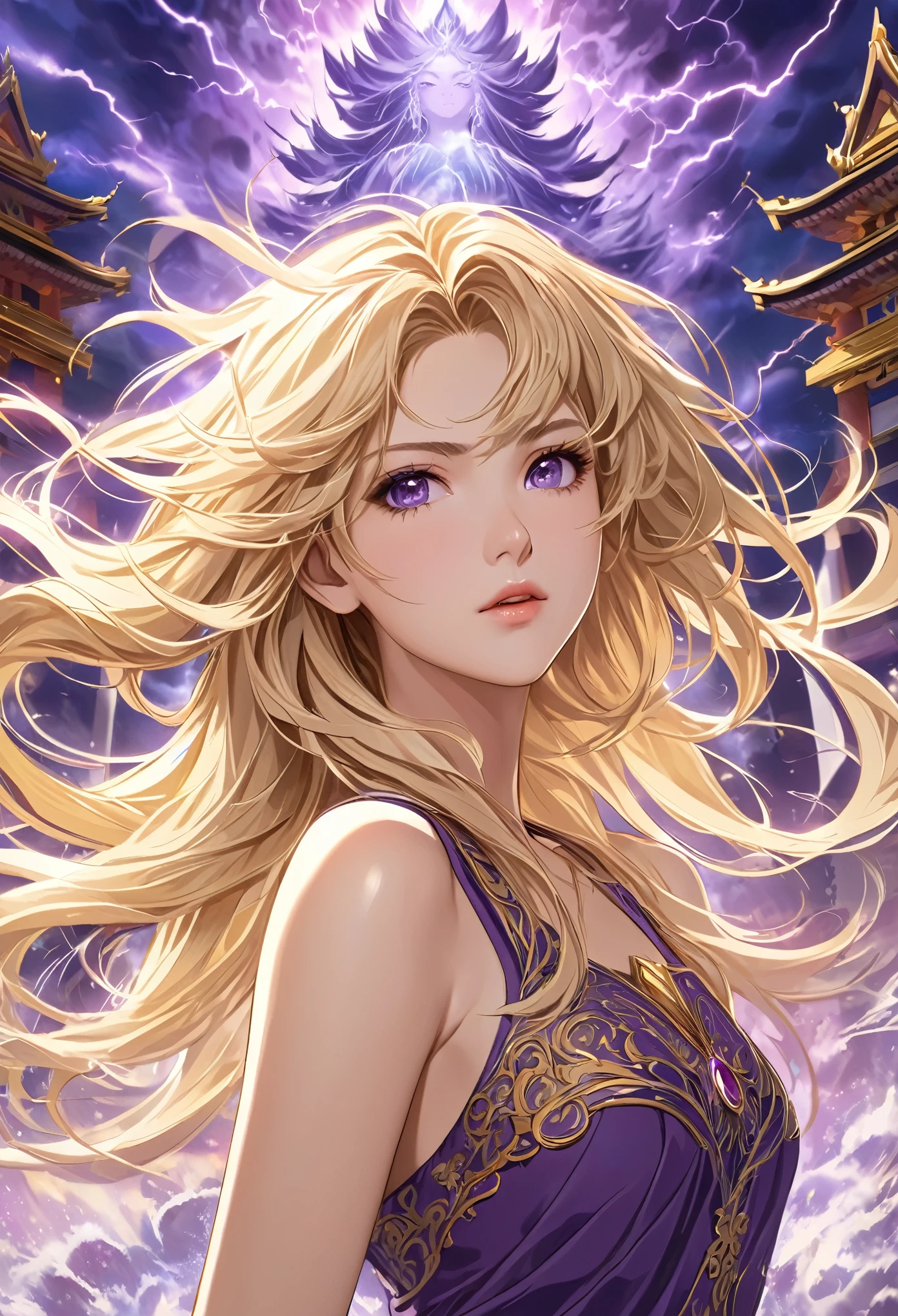 8k resolution, masterpiece,  beautiful girls: 18 years old, messy hair , blonde,  Delicate depiction of hair, Delicate expression, 美しい perfect face,  perfect face, Mid-chest, Add light purple and purple,  intricate details, Big temple,  colorful background, aura,  Strong winds, thunder,  Alexandria, Detailed illustration art anime style , automatic, 