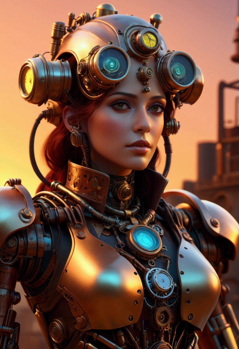 Portrait of a steampunk robot woman, intricately detailed, digital lighting, sunset gradient, trending artstation hq, octane render, unreal engine 4 mdjrny-v4 style