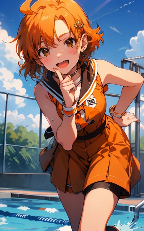 (sweat)、(vapor)､(( brown loafers))、((Black thigh-high socks))、((Absolute territory)),(( orange sailor suit ))、( sleeveless)、 flat lighting、Elevation、Best Quality、 very detailed,  detailed background ,  1 girl、Alone、Big Breasts、 smiles lightly,  is embarrassing, ((Outdoor pool side)),  perfect anatomical,bright orange shiny hair,Ahoge,(perfect finger)
