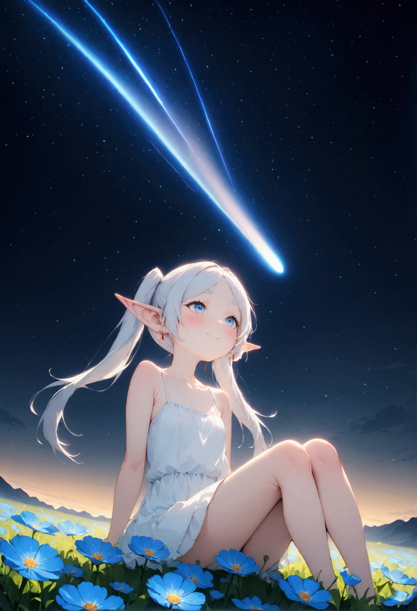  High image quality 、masterpiece、   high quality、Full HD、4K、画面の半分以上をNight Sky、 one girl sitting on the ground 、 view from below、 Funeral Freelen、 Silver Hair、 twin tails、 blue eyes、Elf Ears、 white camisole、 flat chest、Blushing cheeks 、 looking up at the sky 、Look Up、smile、Blue Flower Field、Draw 、Night Sky、 shooting stars、Meteor Shower