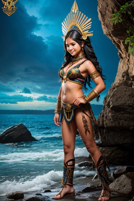 beautiful young woman with long very blonde hair dressed in red and white standing in the forest, (((half length photo))), exotic costumes, Aztec warrior goddess, Aztec queen, beautiful suit, Aztec empress, Amazonian Indian village in Brazil , embellished bikini armor, aztec princess portrait, Aztec Sun Goddess, magnificent jungle ranger, amazon warrior, amazon queen, tribal red atmosphere, wild rave outfit, Mayan Priestess, elaborate costume