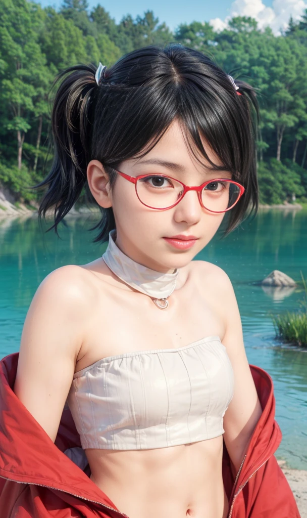 masterpiece, best quality, (realistic,photo-realistic:1.4), (RAW photo:1.2), extremely detailed CG unity 8k wallpaper, delicate and beautiful, amazing,finely detail, official art, absurdres, incredibly absurdres, huge filesize, ultra-detailed,extremely detailed eyes and face,light on face,(little smile),(wearing red framed glasses:1.4),sarada,(black hair:1.4),(very short hair:1.4),(wearing tubetop:1.4),(lake background:1.4),(twintails:1.4)