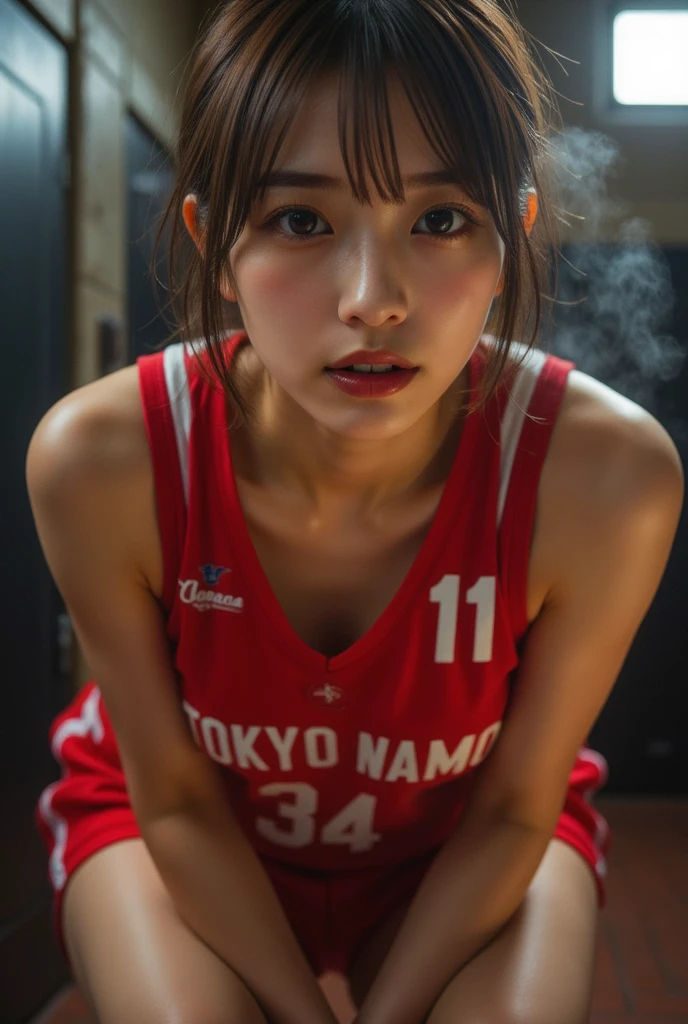   Play:-2, (woman:1.37), Realistic, Front View,  photorealistic, 美しい日本人woman,  beauty like an idol ,  some female track and field athletes , Cute Japanese woman's face:1.21, 美しい日本人womanの顔:1.21,  anatomically correct 5 fingers :1.21, (Realistic photos:1.4), (masterpiece, Best Quality:1.2),  RAW photos from the last century, 32K High Resolution,  intricate details, very detailed, 語り合うwomanたち, ( flat chest:1.21),  Tight waist , Muscular:1.1,  abs:1.1, ( athletic wear ,  The text of the separate type uniform :1.5), High cut bloomers:1.21, Bloomers with player number,"Tokyo Women's High School " is printed on the uniform,  flat chest,  light brown hair with visible tip of tongue,  symmetrical eyes, Anxious expression, , Blue fine skin ,  sweated:1.4,  growing skin :1.21, Dark changing room, In front of a concrete wall, Morning light from the window, Summer landscape, The steam floats,  with a ray of light shaking their bodies .:1.37,  movie lighting that shakes emotions ,