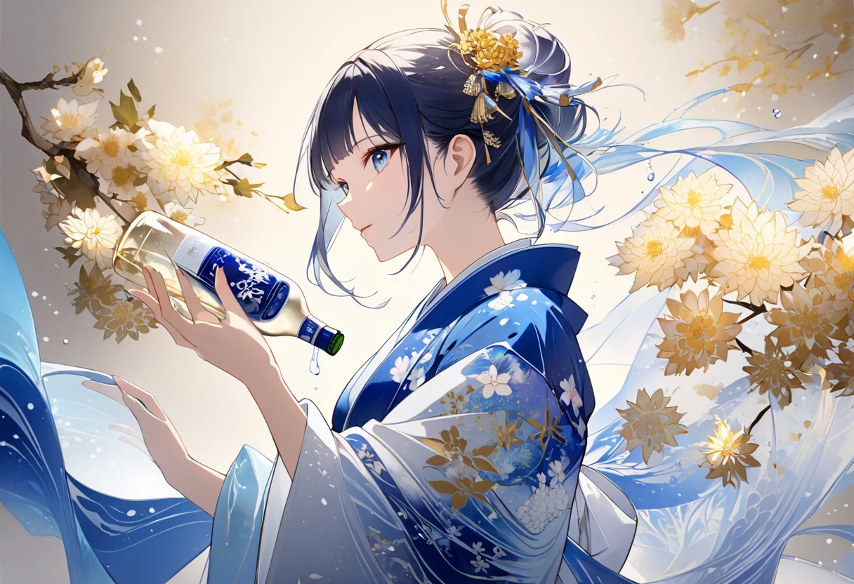 Oriental beautiful girl，sideways，Looking over the shoulder，White transparent real-life painting，Colorful water splash rendering，Facial texture is clear， dress combines elements of a kimono and flowing ribbons, with a translucent hem that mimics the glow of sake under light. color palette includes deep blue and light blue, symbolizing the serenity of the night and the clarity of sake, with delicate white and gold floral patterns like chrysanthemums or cherry blossoms, white sand background，messy strokes，holding a bottle of 720ml japanese sake in hand, christmas Atmosphere, christmas environment