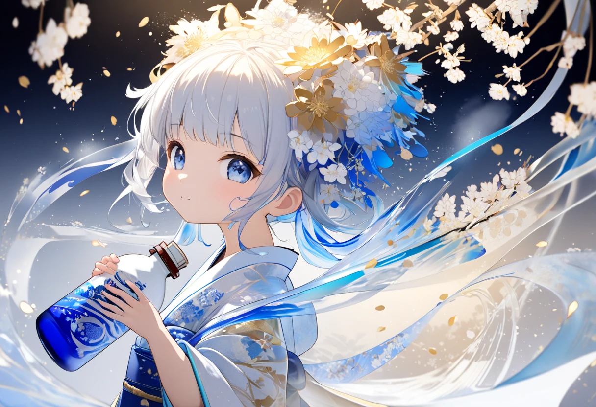 chibi, 3d, Oriental beautiful girl，sideways，Looking over the shoulder，White transparent real-life painting，Colorful water splash rendering，Facial texture is clear， dress combines elements of a kimono and flowing ribbons, with a translucent hem that mimics the glow of sake under light. color palette includes deep blue and light blue, symbolizing the serenity of the night and the clarity of sake, with delicate white and gold floral patterns like chrysanthemums or cherry blossoms, white sand background，messy strokes，holding a bottle of 720ml japanese sake in hand, christmas Atmosphere, christmas environment