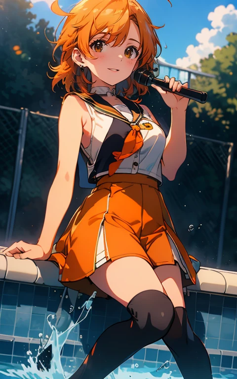 (sweat)、(vapor)､(( brown loafers))、((Black thigh-high socks))、((Absolute territory)),(( orange sailor suit ))、( sleeveless)、 flat lighting、Elevation、Best Quality、 very detailed,  detailed background ,  1 girl、Alone、Big Breasts、 smiles lightly,  is embarrassing, ((Outdoor pool side)), perfect anatomical ,bright orange shiny hair,Ahoge,(perfect finger),( miniskirt)
