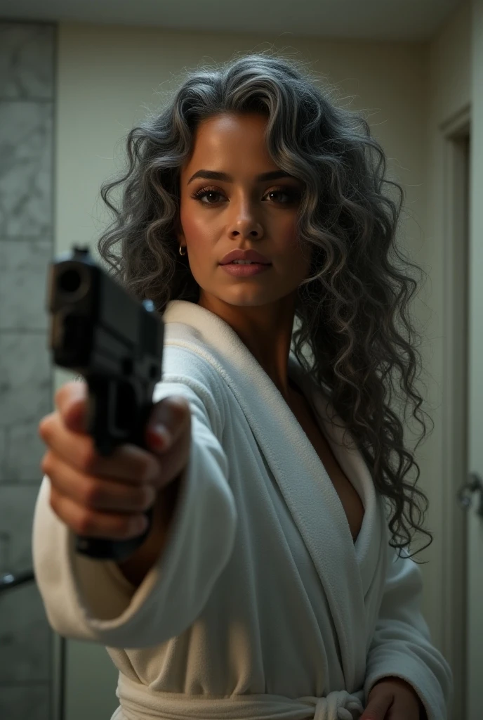 A beautiful youthful looking Filipino version of Ariana Grande as a 50 years old woman with long curly completely gray hair as the superhero Daisy Johnson from Agents of S.H.I.E.L.D wearing a  bathrobe leaning on a wall hold a gun in her hands pointing it at a young man 
