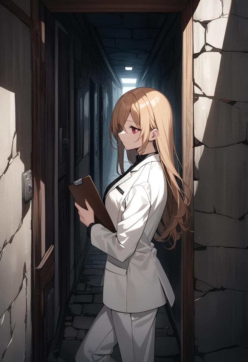 woman with long chestnut blonde hair, red eyes, in an asylum corridor, old stone walls, rusted iron bars on the doors, wearing white coat over her pantsuit, holding a clipboard