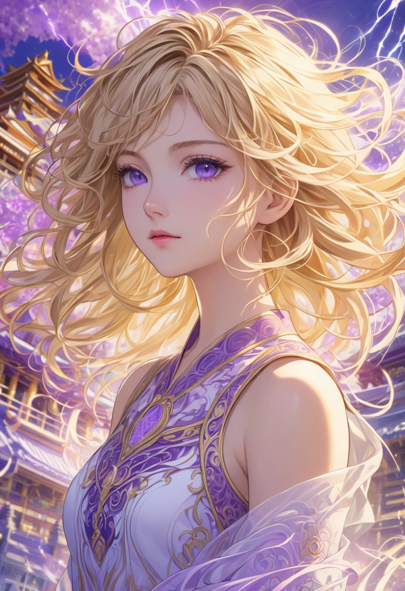 8k resolution, masterpiece,  beautiful girls: 18 years old, messy hair , blonde,  Delicate depiction of hair, Delicate expression, 美しい perfect face,  perfect face, Mid-chest, Add light purple and purple,  intricate details, Big temple,  colorful background, aura,  Strong winds, thunder,  Alexandria, Detailed illustration art anime style , automatic, 