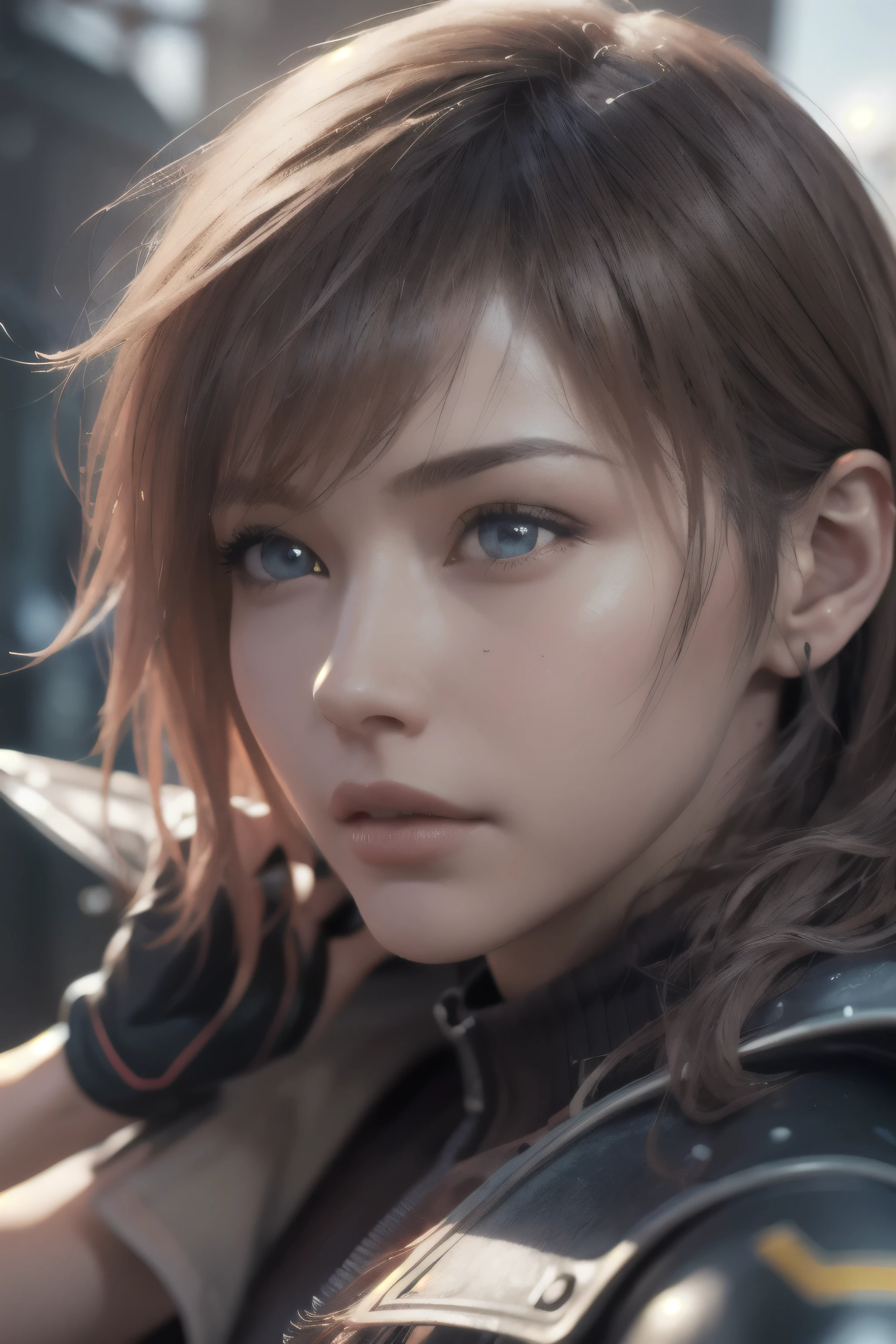 masterpiece, extremely fine and beautiful,detailed face,cute face,super detailed skin,photo realistic,cinematic,
  (Planted Sword on Hand:1.2), 1girl, solo, lightning farron, sleeveless, shoulder armor, cape, skirt, fingerless gloves, (detailed face and eyes:1.3) vivid picture,masterpiece, (best quality:1.2),ultra-detailed,realistic,High definition,High quality,Cinematic Light,Ray tracing,ultra high res,UHD,(photorealistic:1.5),intricate details,detailed texture,finely detailed,High quality shadow, beautiful,  