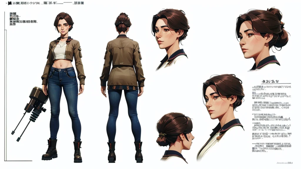 ((character design sheet, same character, front view)), (full body), Sci-fi, industrial cassette futurism, (masterpiece), (Best quality), (perfect face), illustration, 1girl, loose fitting jacket, visible midriff, scientist outfit, mature age, detailed hair, pretty face, happy, plain background