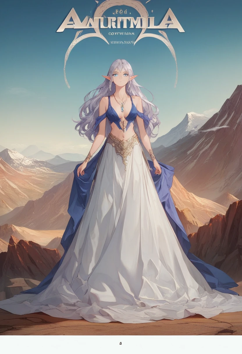 (obra-prima 8k.alta qualidade.arte digital.Estilo anime bonito e estético.Composições perfeitas e excelente perspectiva.pintura a óleo.FECHAR detalhes Retrato !)" full body female elf, pale skin, silver hair with violet hair strand, blue eyes, purple mage robes, cristal necklace, silver bracelets, mountains and blue sky background. Best quality, (masterpiece), ( methurlant), comic, y2k animation, intricate detail, smooth, perfect face, long hair, cinematic light, full body, standing
