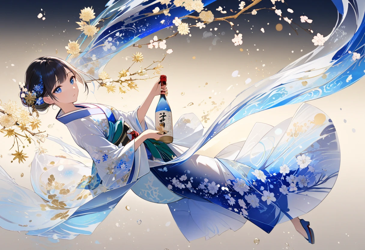 full body, Oriental beautiful girl，sideways，Looking over the shoulder，White transparent real-life painting，Colorful water splash rendering，Facial texture is clear， dress combines elements of a kimono and flowing ribbons, with a translucent hem that mimics the glow of sake under light. color palette includes deep blue and light blue, symbolizing the serenity of the night and the clarity of sake, with delicate white and gold floral patterns like chrysanthemums or cherry blossoms, white sand background，messy strokes，holding a bottle of 720ml japanese sake in hand, christmas Atmosphere, christmas environment