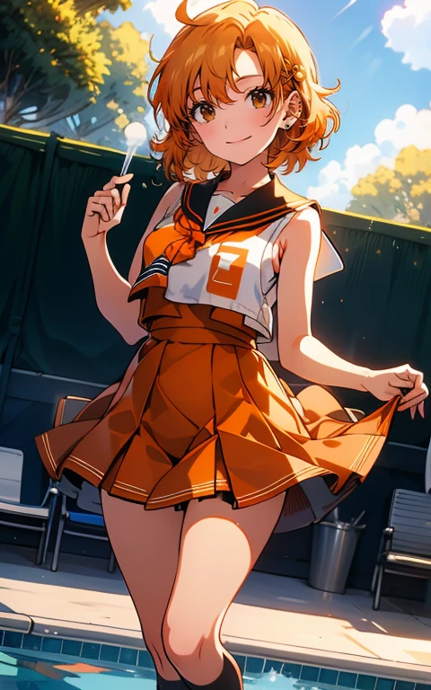 (sweat)、(vapor)､(( brown loafers))、((Black thigh-high socks))、((Absolute territory)),(( orange sailor suit ))、( sleeveless)、 flat lighting、Elevation、Best Quality、 very detailed,  detailed background ,  1 girl、Alone、Big Breasts、 smiles lightly,  is embarrassing, ((Outdoor pool side)),  perfect anatomical,bright orange shiny hair,Ahoge,(perfect finger),(Five fingers),( miniskirt), open chest , clevis
