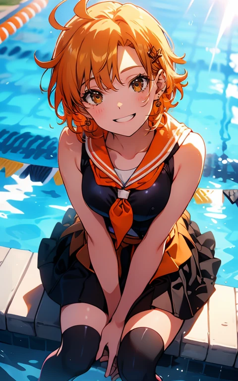 (sweat)、(vapor)､(( brown loafers))、((Black thigh-high socks))、((Absolute territory)),(( orange sailor suit ))、( sleeveless)、 flat lighting、Elevation、Best Quality、 very detailed,  detailed background ,  1 girl、Alone、Big Breasts、 smiles lightly,  is embarrassing, ((Outdoor pool side)),  perfect anatomical,bright orange shiny hair,Ahoge,(perfect finger),(Five fingers),( miniskirt), open chest , clevis
