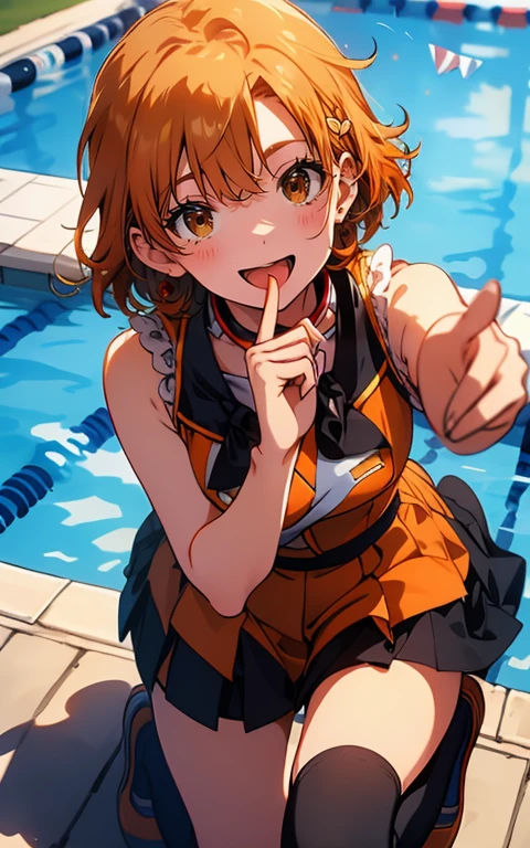 (sweat)、(vapor)､(( brown loafers))、((Black thigh-high socks))、((Absolute territory)),(( orange sailor suit ))、( sleeveless)、 flat lighting、Elevation、Best Quality、 very detailed,  detailed background ,  1 girl、Alone、Big Breasts、 smiles lightly,  is embarrassing, ((Outdoor pool side)),  perfect anatomical,bright orange shiny hair,Ahoge,(perfect finger),(Five fingers),( miniskirt), open chest , clevis
