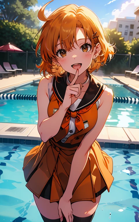 (sweat)、(vapor)､(( brown loafers))、((Black thigh-high socks))、((Absolute territory)),(( orange sailor suit ))、( sleeveless)、 flat lighting、Elevation、Best Quality、 very detailed,  detailed background ,  1 girl、Alone、Big Breasts、 smiles lightly,  is embarrassing, ((Outdoor pool side)),  perfect anatomical,bright orange shiny hair,Ahoge,(perfect finger),(Five fingers),( miniskirt), open chest , clevis
