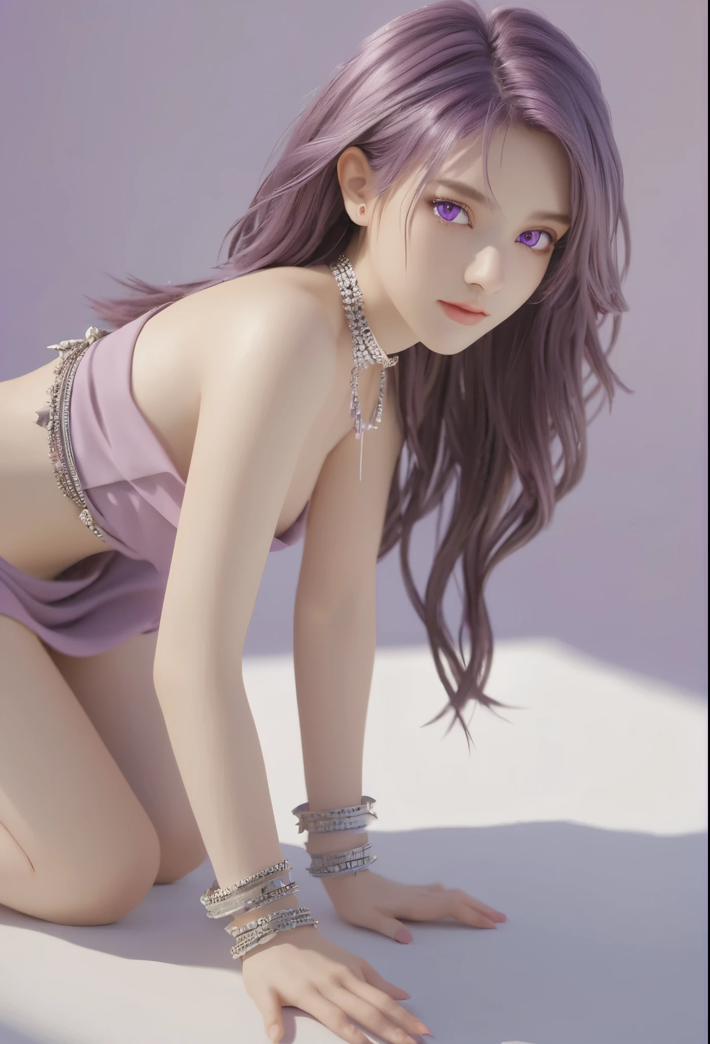 (high resolution),4D,Octane Rendering,(beautiful detailed eyes), (white skin:1.8,fair skin,smooth skin), (1 girl:1.52), (purple hair:1.35), (heterochromic eyes),(purple eyes:1.37), (sparkling eyes), perfect body,anklets,armlets,kneeling,bent over,close of butt,from left side,