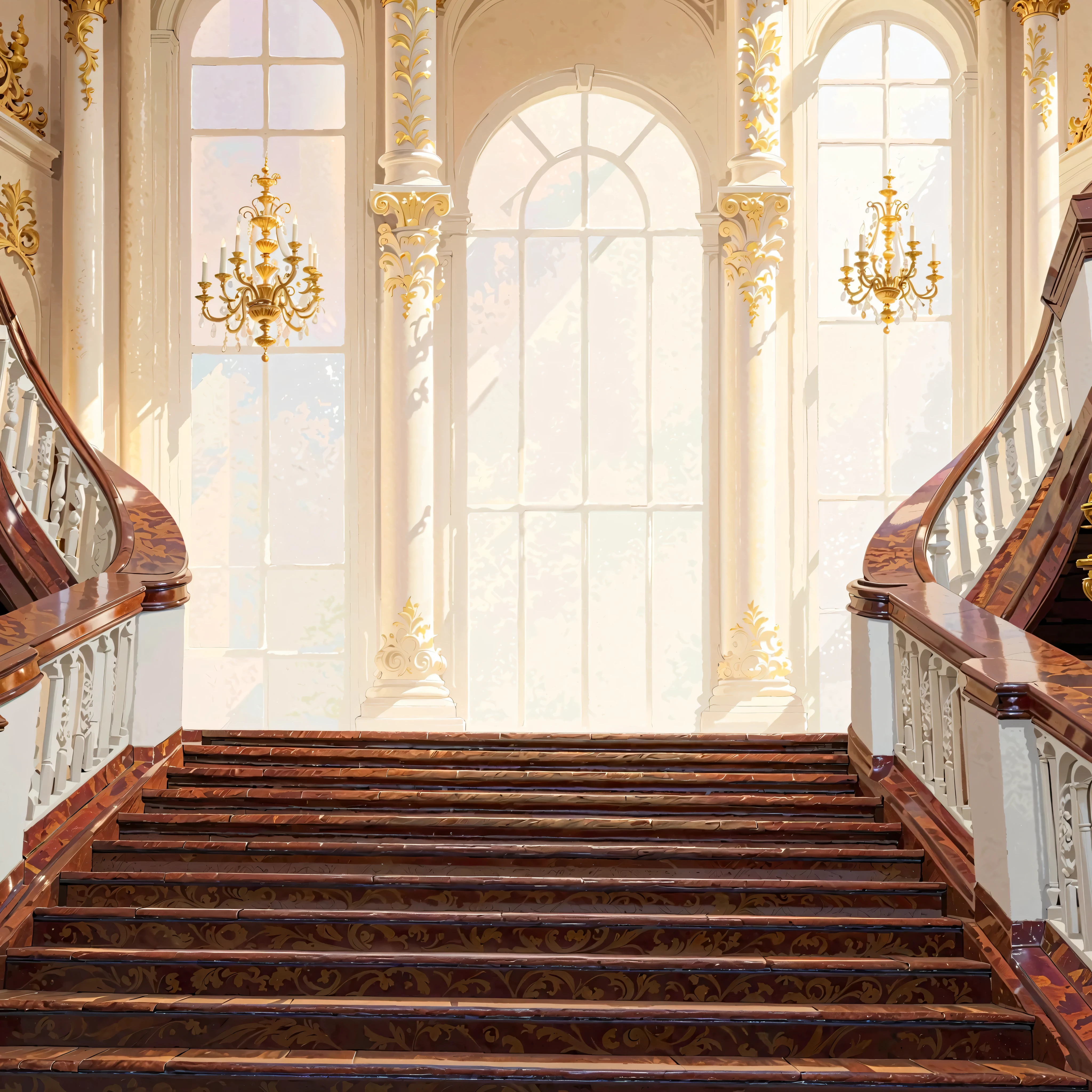  A picture of a palace staircase full of sunshine looking up ，The imposing staircase ， The staircase with a wooden floor ， The stair railings are exquisite European carvings and European carved columns， The staircase faces a large floor-to-ceiling window ， There is a white Roman pillar next to the window ， The staircase has exquisite European carvings ， has a golden European chandelier on the top ，More rich details，UE5 Rendering，3D Rendering，Enhanced light and shadow texture