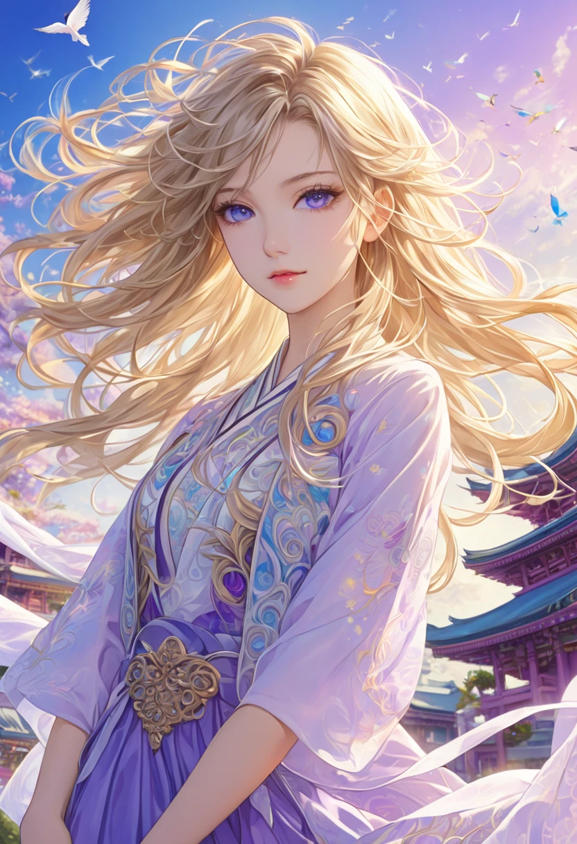 8k resolution, masterpiece,  beautiful girls: 18 years old, messy hair , blonde,  Delicate depiction of hair, Delicate expression, 美しい perfect face,  perfect face, Mid-chest, Add light purple and purple,  intricate details, Big temple,  colorful background, aura, blue sky, wind, bird, 詳細なイラストアートアニメwind, automatic, 