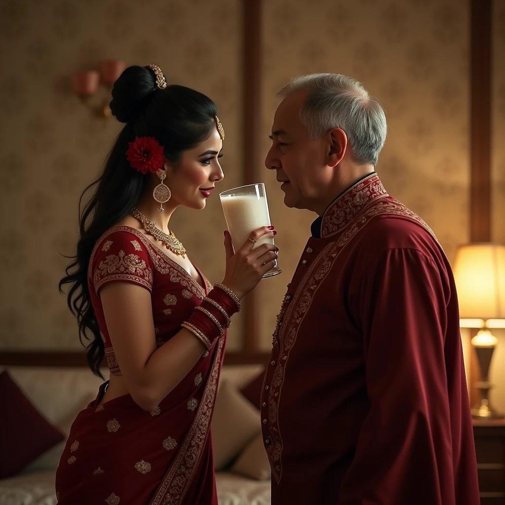 In a sumptuous, traditional indoor setting, the South Asian woman stands near the older man, radiating an aura of irresistible seduction. Dressed in a maroon sari with intricate gold embroidery, the fabric hugs her voluptuous curves, accentuating her thick body and hourglass shape. Every movement she makes is purposeful, drawing attention to her big breasts and wide hips. Her gold jewelry—necklace, bangles, and nose ring—shines with elegance, further enhancing her regal presence.

Her updo hairstyle, adorned with a red flower and gold hairpin, perfectly frames her face, which is defined by bold, smoky eyes and long curled lashes. Her cat-like gaze is both intense and luring, pulling in anyone who dares to meet her eyes. Her lips curl into a teasing smile, playful and provocative, as she slowly lifts a glass of milk to her lips.

As the older man watches, she takes a deliberate sip, her eyes never leaving his. She swirls the milk around in the glass for a moment, savoring the smooth texture, her full lips parting slightly as she drinks, the sensuality of the act amplified by the intimacy of the moment. Her gaze deepens, the air thick with the sensual tension between them, as she leans slightly toward him, offering him a knowing, teasing smile. The milk, white and smooth, contrasts with the deep red of her sari and the gold accents of her jewelry, a visual feast of elegance and indulgence.

With a playful glint in her eye, she places the glass down and encourages him to drink more, though this time her seductive cheering takes on a new intensity, as she herself savors the milk with slow, deliberate movements. Her body language oozes confidence, as if she’s fully in control of the situation, coaxing the older man with both her charm and her actions.

The older man, dressed in a light brown shirt, remains captivated, his hand still resting on her shoulder, but his focus is entirely on her. The room is bathed in warm lighting, and the ornate wallpaper with subtle beige a