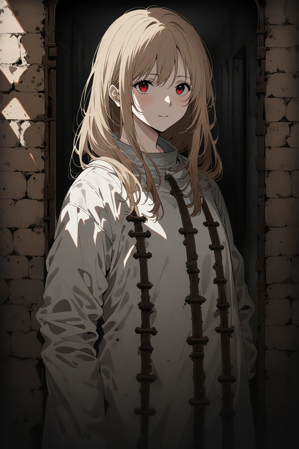 8K 36 years  old woman with long chestnut blonde hair, red eyes, in an asylum corridor, old stone walls, rusted iron bars on the doors, wearing white coat over her black  pantsuit