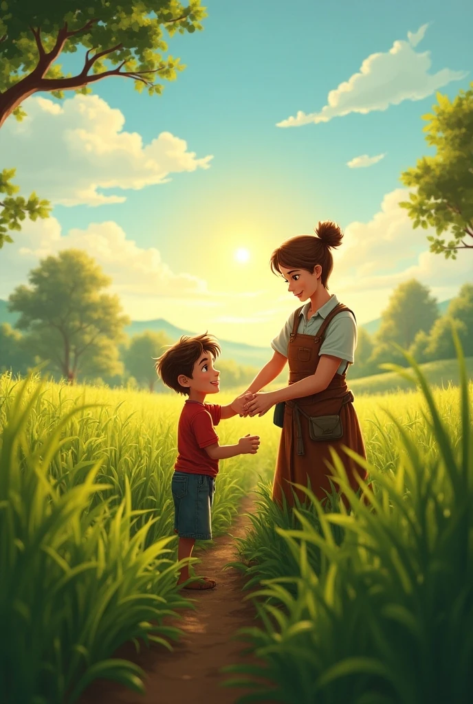 Boy shows his mother grass outside the house 