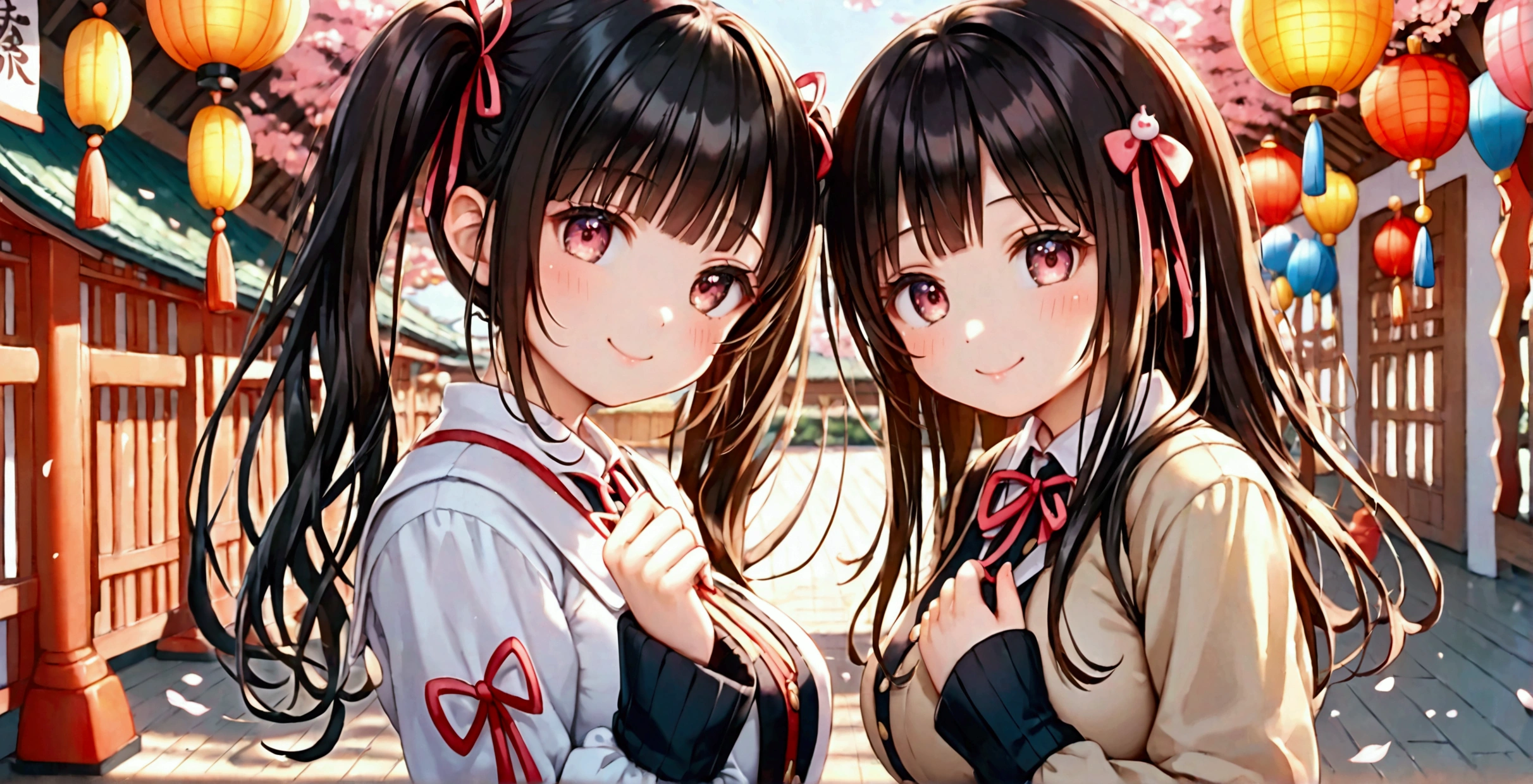 Top quality, ultra high definition, 16k, highly detailed, delicate and dynamic, cute woman, baby face, detailed eyes, anime, high details, big breasts, (straight hair), (twintails), (long hair), smiling, young facial features, happy to see the viewer, long sleeves, fluffy sleeves, fluffy hair, elementary school girl, black tight stockings, standing, showing underwear, teenage girl, belly button, skirt, cute, beautiful illustration, top quality, cute girl, beautiful girl, beautiful skin, smiling, thighs, perfect hands, two girls with detailed background, Japanese style, ruffles, detailed background, mysterious atmosphere, hands are clean and natural