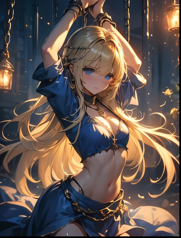 （（（ＳＦＷ、Precision、Highest quality、A first-class masterpiece、Normal body、8k、  Detailed Face 、Ultra-precision、 Normal hand、５refer to、Highest）））、Witch、Witch（Puyo Puyo）、adult、 Blonde Long Hair 、 Beautiful Girl、 Tattered Blue Robe、mage hat with a hole、Half naked、Nearly naked、 pure white bras exposed、Pure white panties exposed 、Pure white underwear、Navel exposed、Shoulder exposed、Cleavage exposure、regrettable、 is embarrassing、scared、blush、tears、 raise both hands、Bound with hands up、両手Chain Bondage、Constraints、Chain Bondage、Collar、CollarRead、A lot of chains、prison、Iron bars