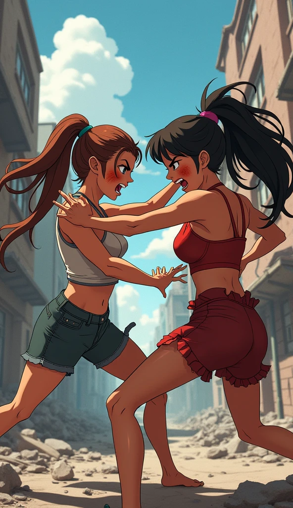 make a chokehold between two women anime style

