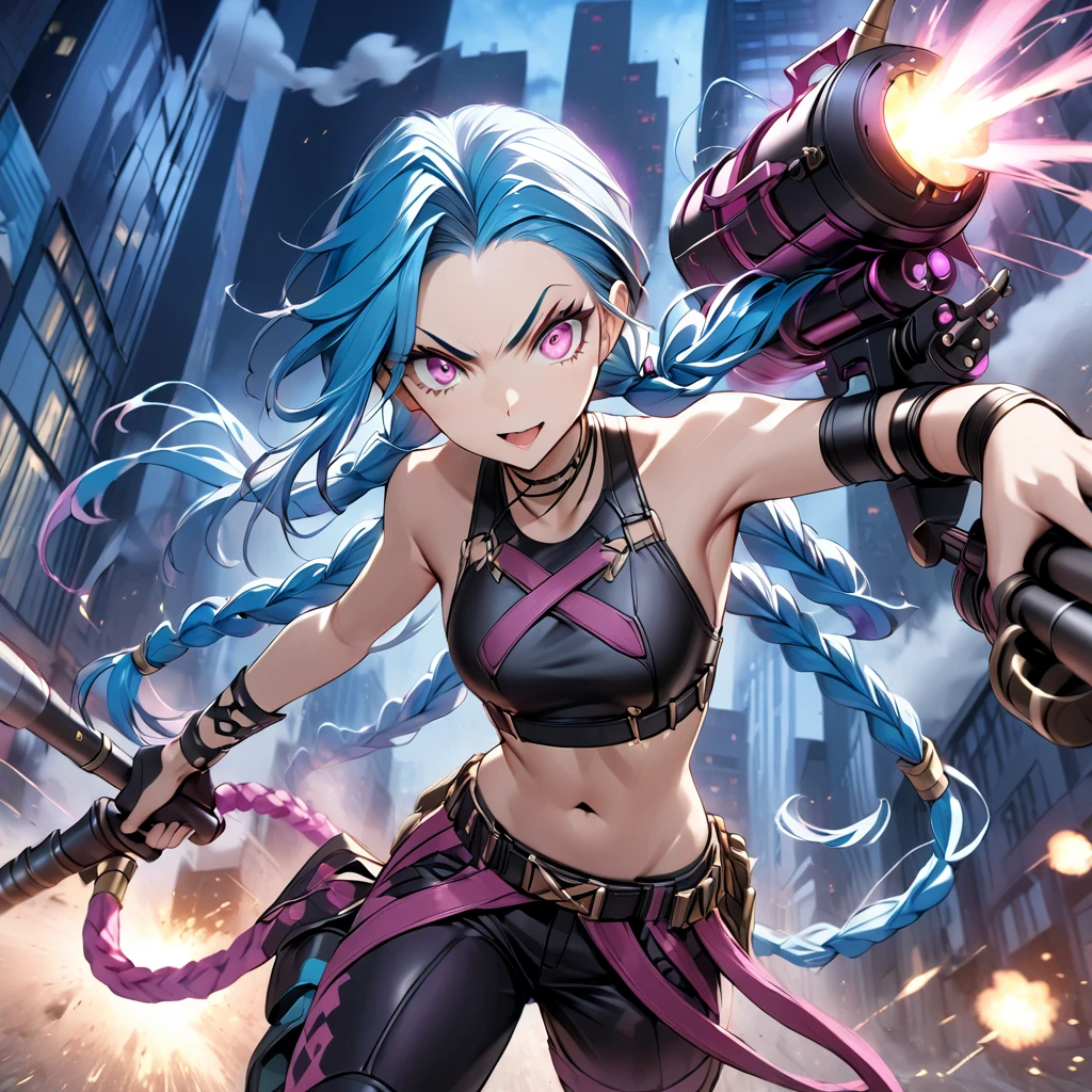 jinx, low twintails, blue hair, pink eyes, masterpiece, 
Black leather crop-top and trousers, blasting away with a weapon against a nighttime urban backdrop.