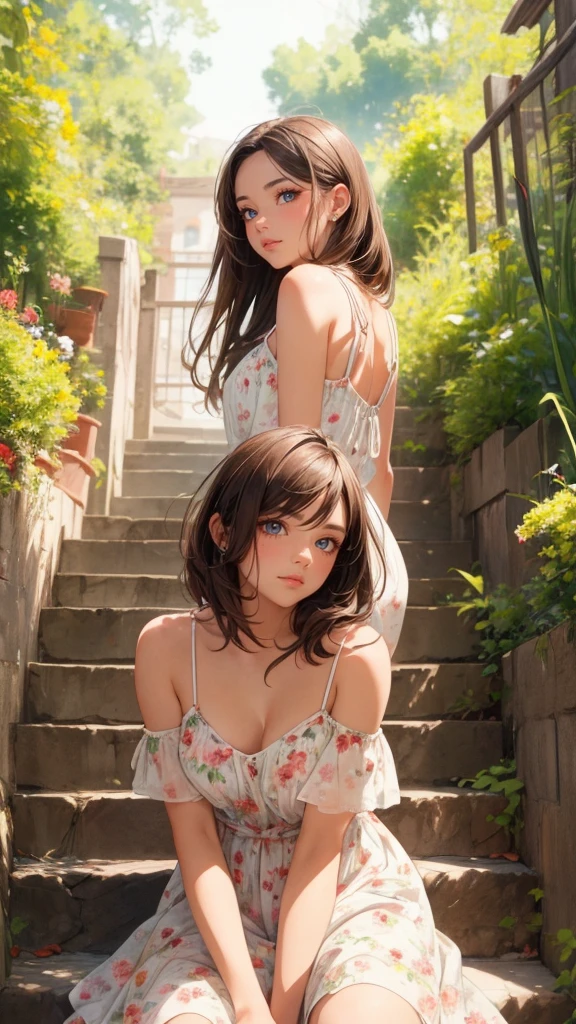 ((masterpiece)), (Best Quality), 1 woman sitting on stairs ,  short to ear brown hair ,  wearing a floral dress with spaghetti straps, Background entrance,  detailed beautiful eyes,  detailed beautiful face, perfect anatomy,  dynamic poses on hands ,  intricate details, Side View, Pixiv, Krenz Cushart