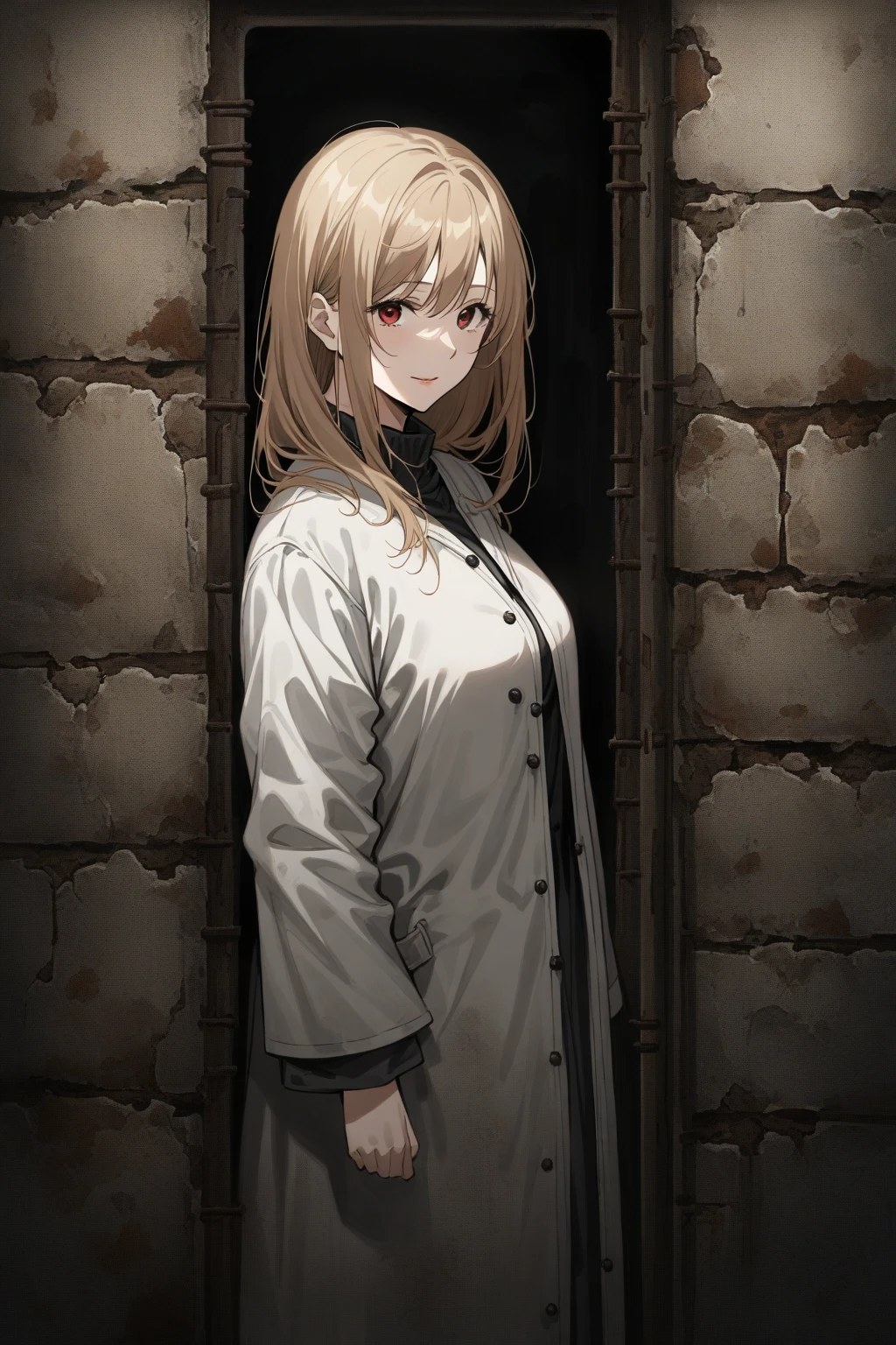 8K 36 years  old woman doctor with long chestnut blonde hair, red eyes, she is 5'10" standing in an asylum corridor, old stone walls, rusted iron bars on the doors, wearing white coat over her black  pantsuit