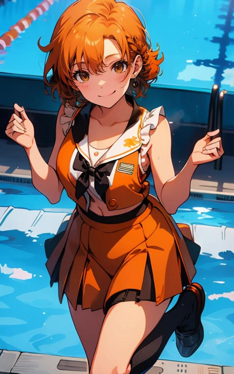 (sweat)、(vapor)､(( brown loafers))、((Black thigh-high socks))、((Absolute territory)),(( orange sailor suit ))、( sleeveless)、 flat lighting、Elevation、Best Quality、 very detailed,  detailed background ,  1 girl、Alone、Big Breasts、 smiles lightly,  is embarrassing, ((Outdoor pool side)),  perfect anatomical,bright orange shiny hair,Ahoge,(perfect finger),(Five fingers),( micro mini skirt),(The navel is clearly visible),
