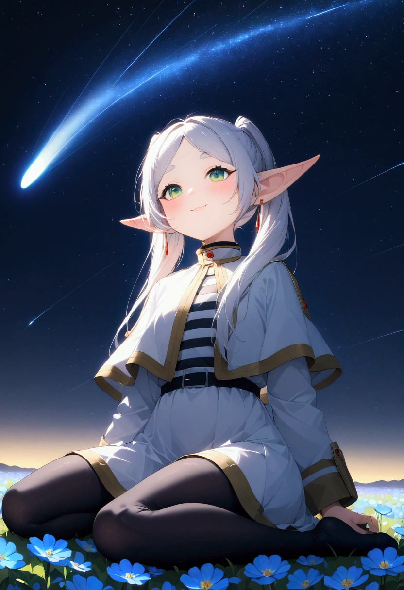  High image quality 、masterpiece、   high quality、Full HD、4K、画面の半分以上をNight Sky、 one girl sitting on the ground 、 view from below、 Funeral Freelen、 Silver Hair、 twin tails、Green Eyes、Elf Ears、 White Dress 、 striped inner、skirt with gold hem 、Black tights、 flat chest、Blushing cheeks 、 looking up at the sky 、Look Up、smile、Blue Flower Field、Draw 、Night Sky、 shooting stars、Meteor Shower