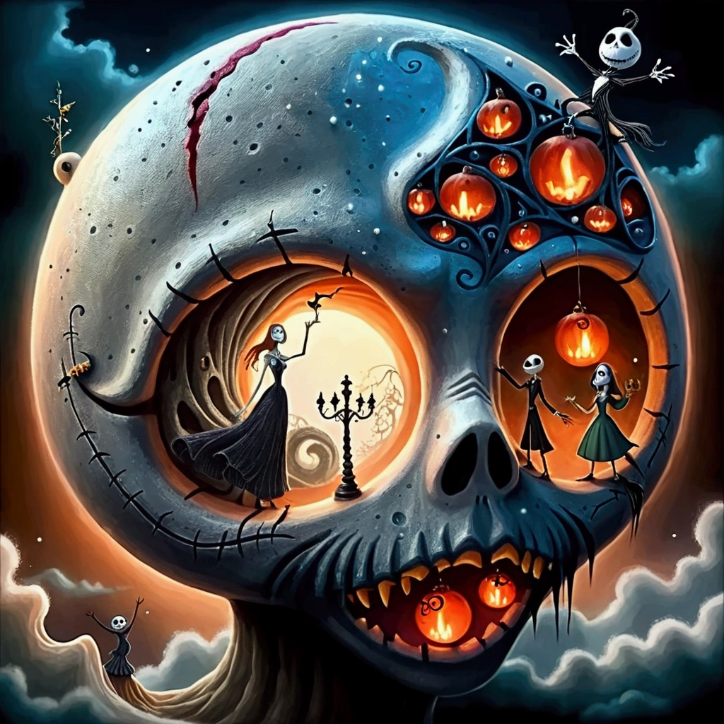 Enchant the photo with a team Burton inspired Nightmare Before Christmas theme include the main characters symbolize Nightmare Before Christmas intensely