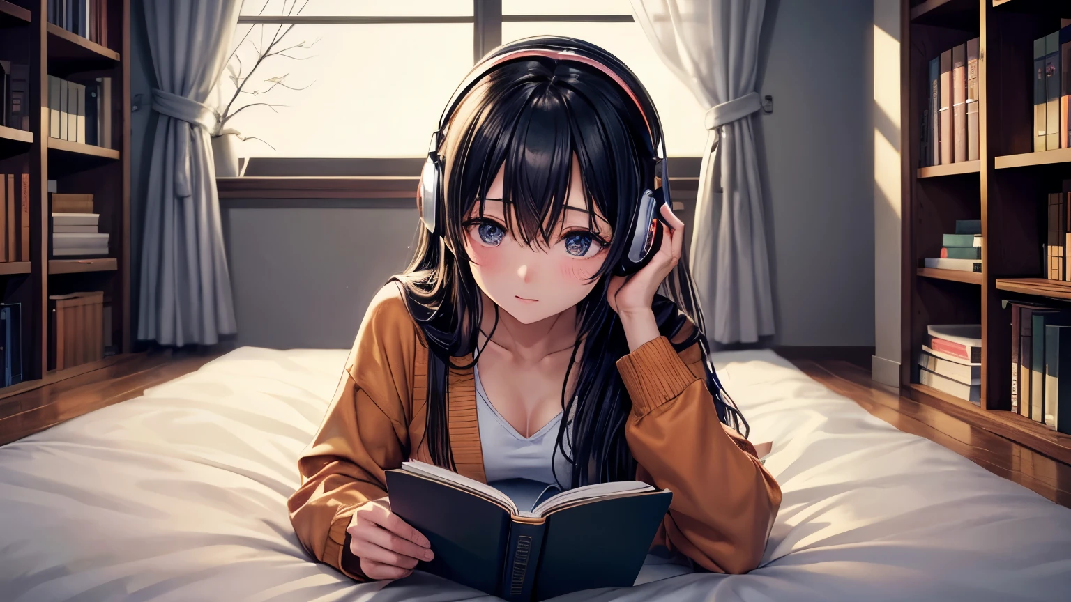 Girl lying on bed、headphone、reading、I read a book、open the eyes,anime