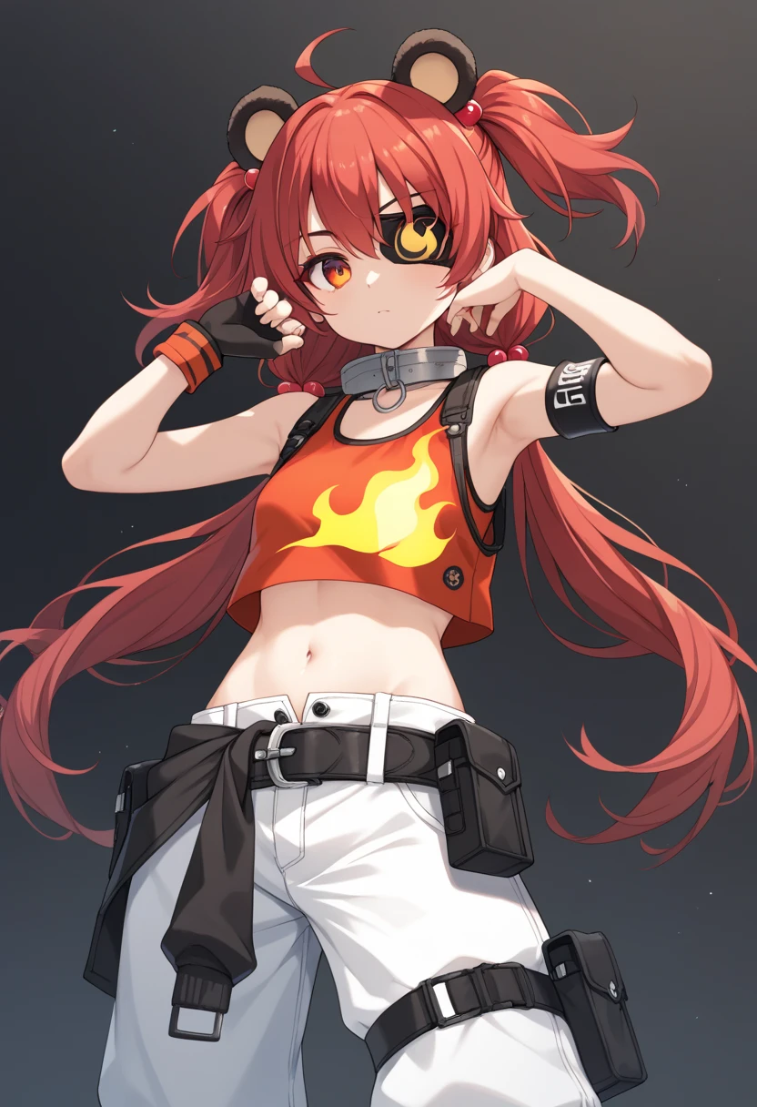 appearance: koleda, orange eyes, eyepatch, red hair, ahoge, long hair, two-side up, low twintails, black bobbles, hair bobbles, fake bear ears, metal collar

outfit: crop top, sleeveless, flame print, asymmetrical gloves, fingerless gloves, jumpsuit around waist, loose belt, belt pouch, white pants, metal armbands, single elbow glove