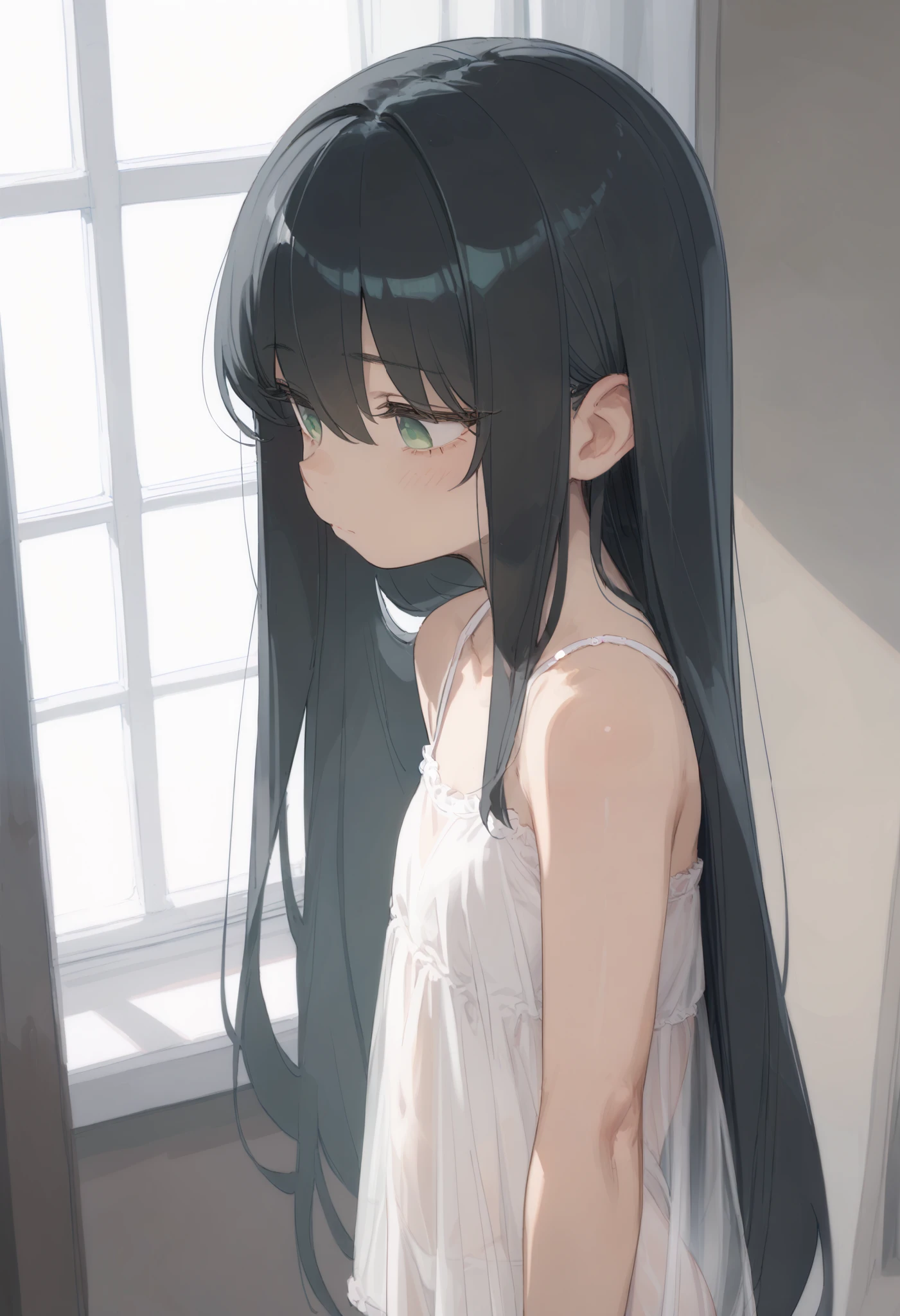 ((Best Quality)), ((masterpiece)), ( Details), 1girl, Alone, ****, cute, cute face, sketch-style illustration, The lines are unstable in thickness, hair over eyes, wispy bangs, very long hair, tired hair, hair between eyes, white camisole, dark hair, black hair, beautiful detail eyes, sorrowful, light green eyes, see-through camisole, dark modern room, look down, from side, high angle