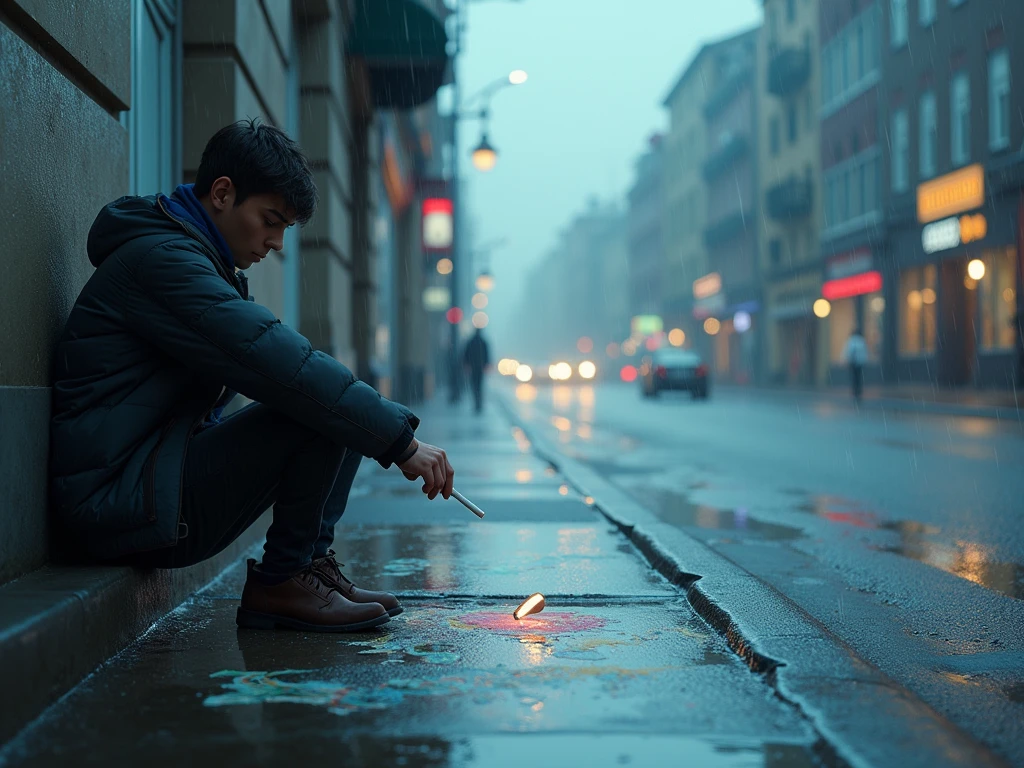 A lonely boy with a cigarette and black clothes sitting on the sidewalk sad amidst intense rain, with a feeling of loneliness and sadness, Gazing vacantly at the sky in contemplation with a cigarette in hand and blank stare,